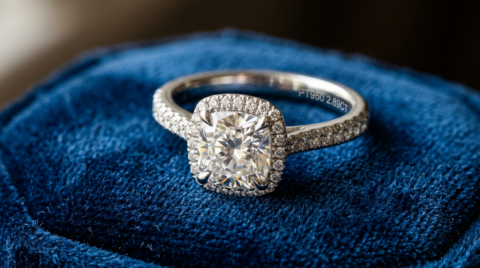 Cushion cut diamond ring with pavé diamonds on band resting on blue fabric