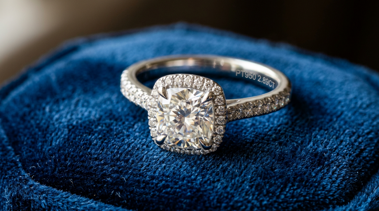 Cushion cut diamond ring with pavé diamonds on band resting on blue fabric