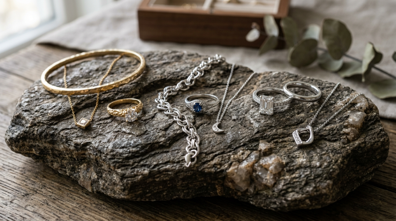 Gold and silver rings, necklaces, and bracelets arranged on a flat rough stone surface