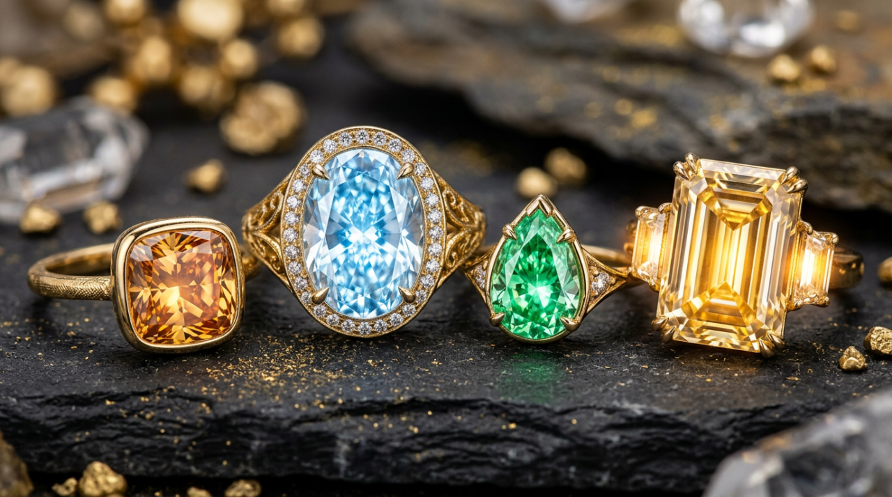 Four gold rings with large orange, blue, green, and yellow gemstones
